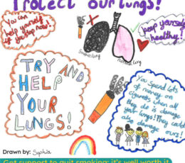Hand drawn images of lungs and cigarettes, protect our lungs