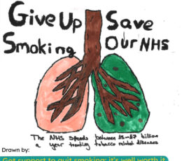Hand drawn image of lungs, give up smoking, save our NHS