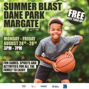 Promotional poster for Summer Blast at Dane Park, Margate, featuring a smiling boy holding a basketball.