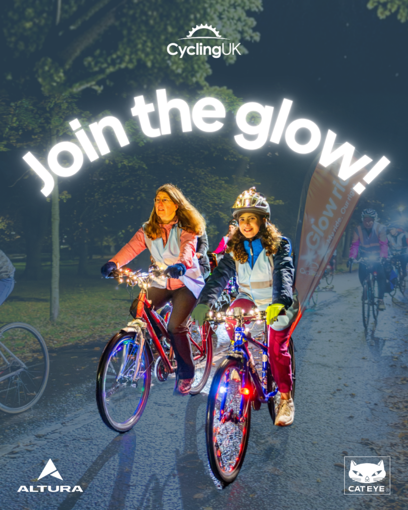 Two girls cycling in the dark with the words join the glow written above
