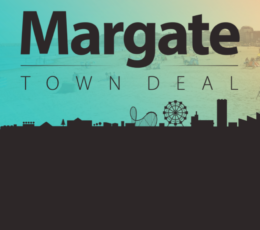 Margate Town Deal branding showing black silhouette of the Margate skyline against a blue and yellow sky