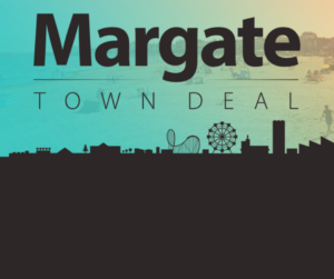 Margate Town Deal branding showing black silhouette of the Margate skyline against a blue and yellow sky