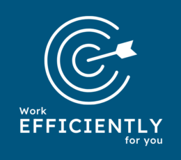 White outline drawing of a target with an arrow embedded in the center Written underneath: Work efficiently for you Set on a dark blue background