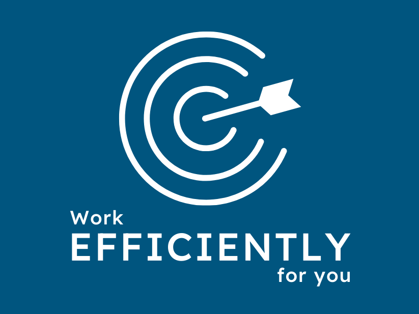 White outline drawing of a target with an arrow embedded in the center Written underneath: Work efficiently for you Set on a dark blue background