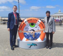 Bin For Green Seas by Margate Main sands, with Councillor Jack Packman, Mayor of Margate and Fazilette Khan standing each side.