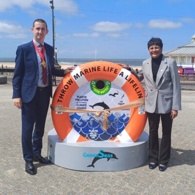 Bin For Green Seas by Margate Main sands, with Councillor Jack Packman, Mayor of Margate and Fazilette Khan standing each side.