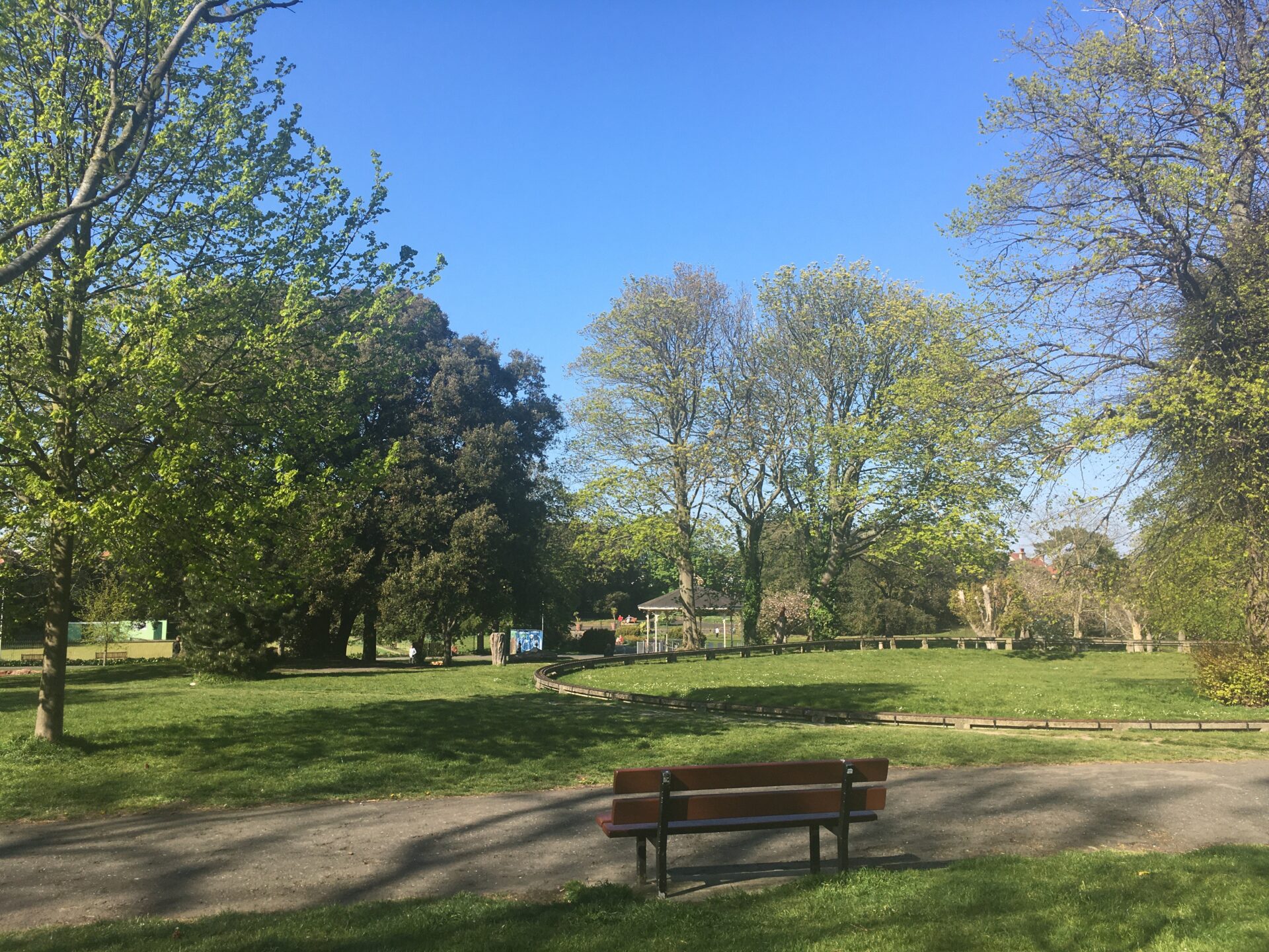View of Ellington Park with trees and a bench in the foreground.