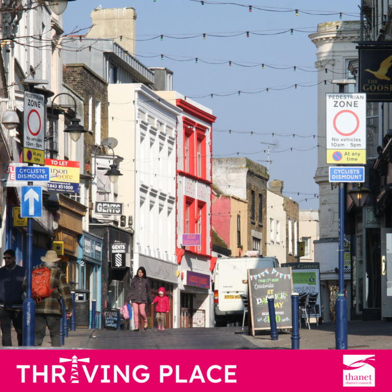 image of ramsgate high street showing pedestrian area, road signs and buildings