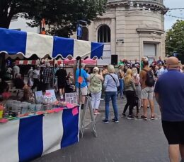 View of Ramsgate town centre showing market stalls and pedestrians