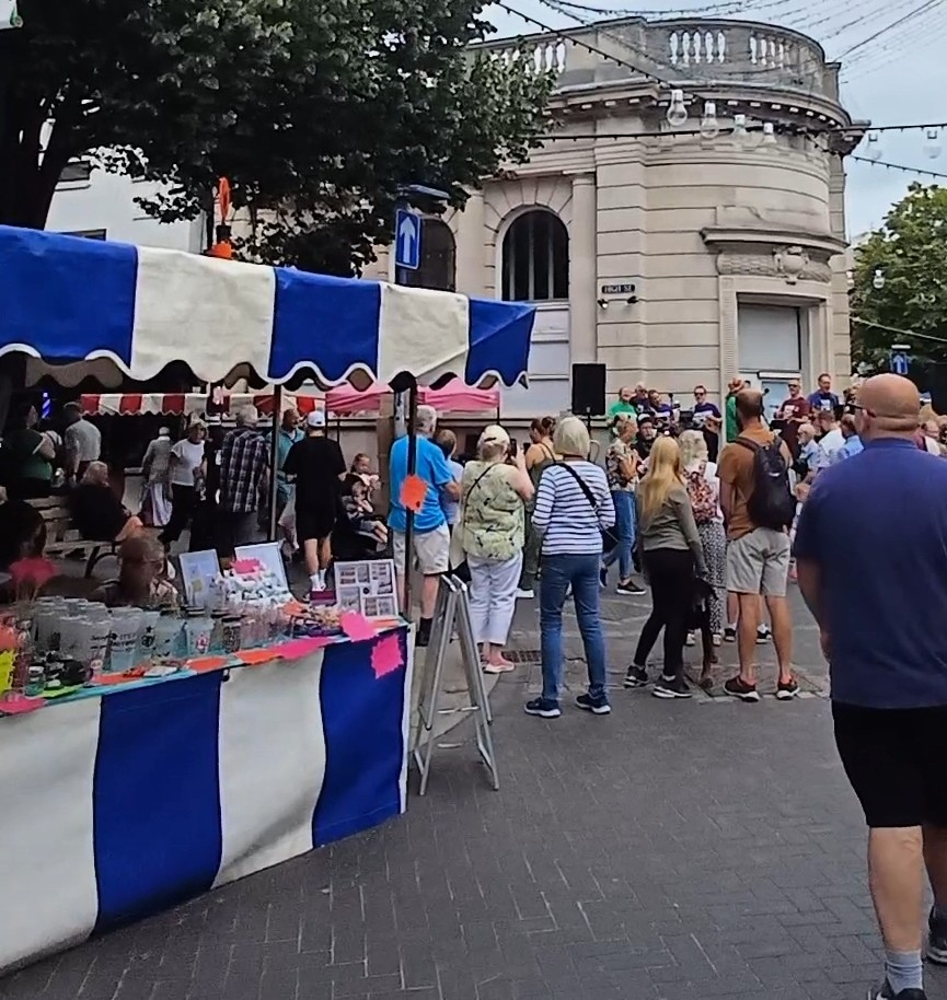 View of Ramsgate town centre showing market stalls and pedestrians