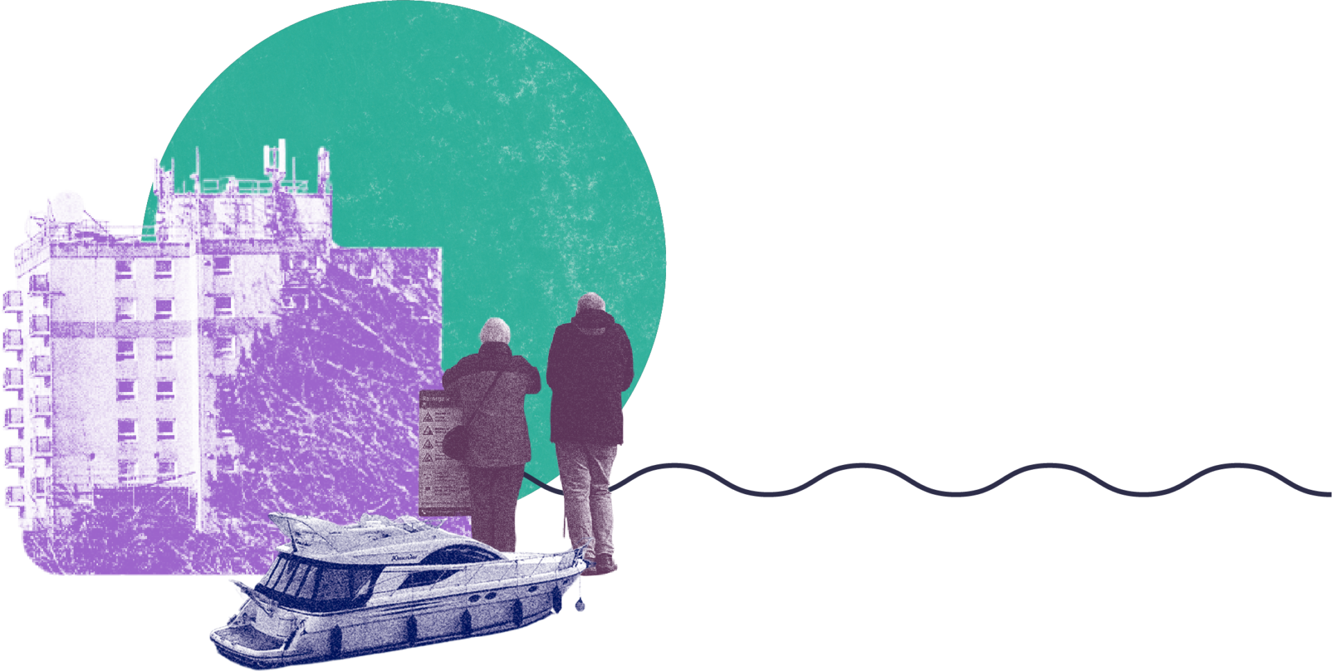 An artistic collage featuring a textured, light purple building and a dark blue motorboat in the foreground. Two figures stand facing away from the viewer next to a noticeboard, all set against a large teal circle and a dark wavy line.