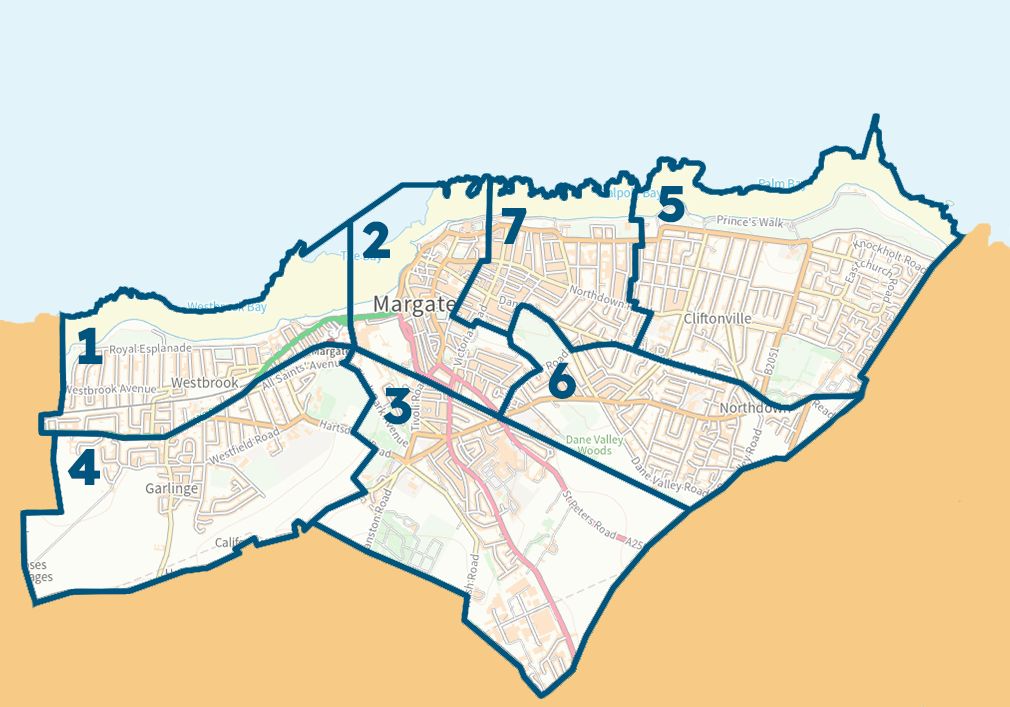 Map showing the proposed boundaries for Margate Town Council, which divide the town into seven numbered zones.