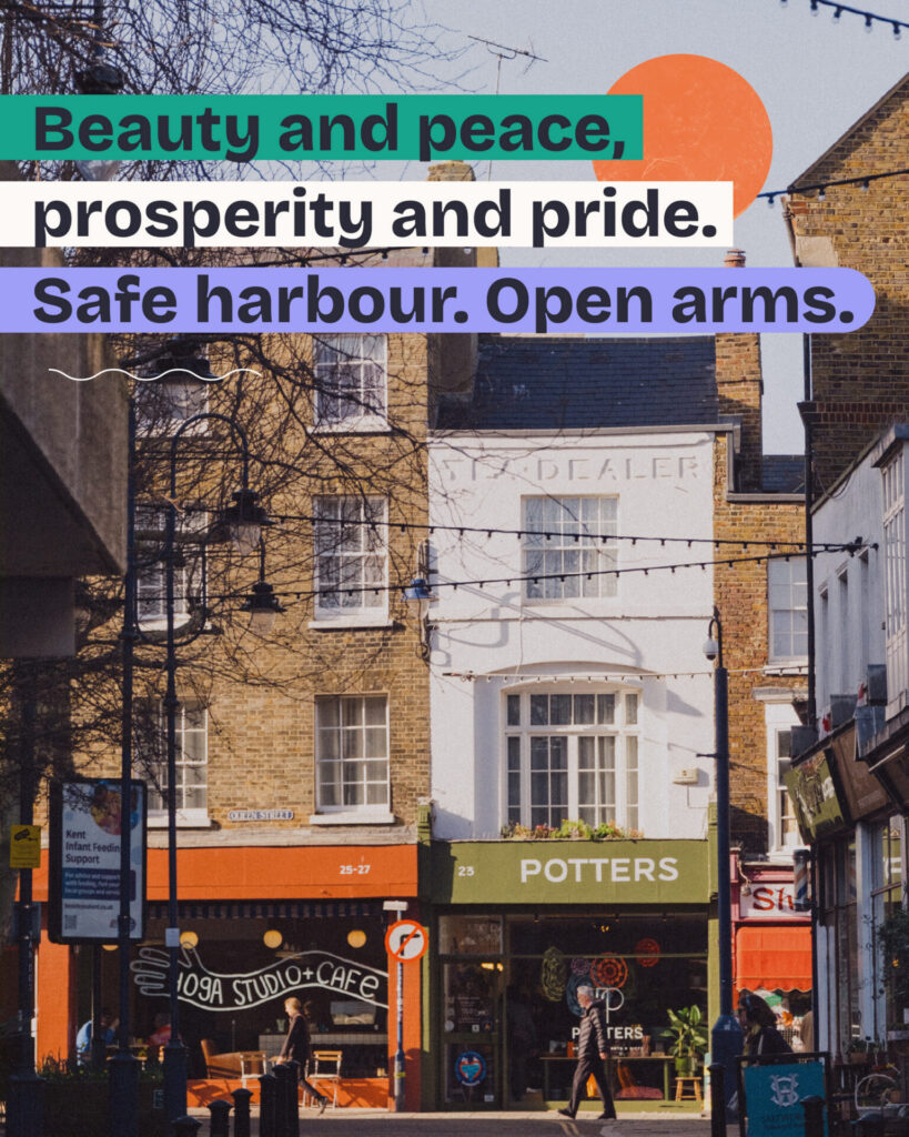 A graphic featuring a sunny street view of local shops in Ramsgate, including 109A Studio + Cafe and Potters. Large overlaid text reads: 'Beauty and peace, prosperity and pride. Safe harbour. Open arms.