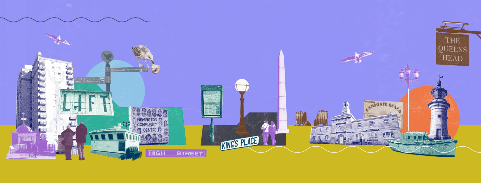 An artistic, colourful collage celebrating Ramsgate, featuring local landmarks, seagulls, and community signs set against a purple sky and yellow ground.