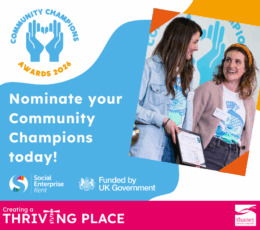 Two winners from the community champions awards 2025 with the caption nominate your community champions today. There is a pink banner along the bottom with the caption creating a thriving place and the Thanet District Council logo.