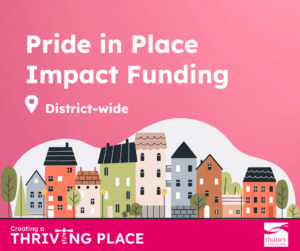 Illustration of a row of different houses. Text reads Pride in Place Impact Funding, district-wide.