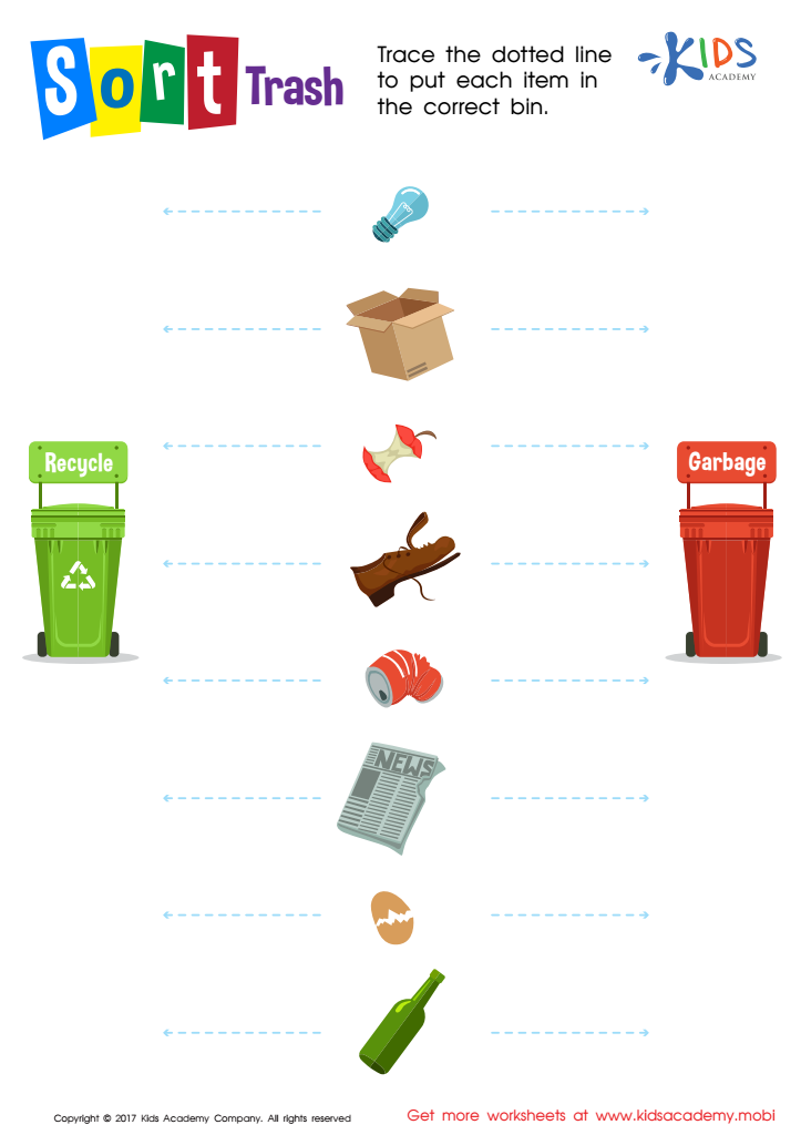 A sheet with a waste bin and recycling bin with images of different waste for people to show where the rubbish goes into