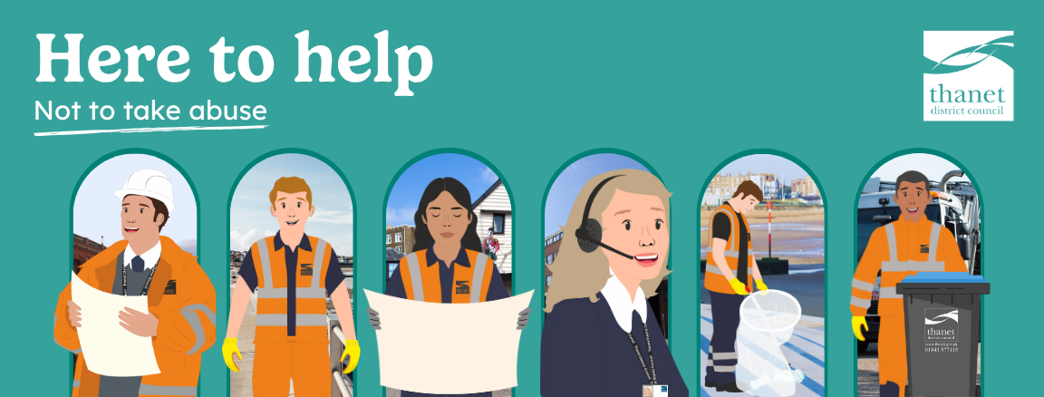 Illustrations of council staff in various roles. The words "Here to help, not to take abuse" is written alongside the council's logo