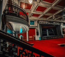 Margate Winter Gardens interior photo showing Main Hall, staircase,balcony, stage and ceilings