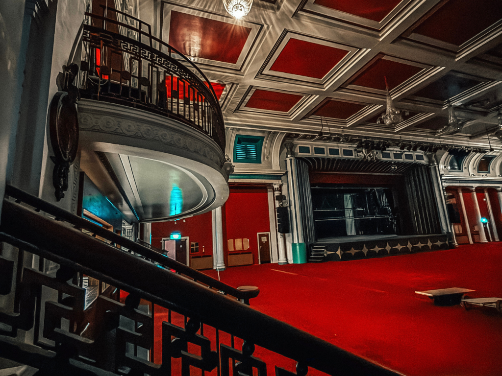 Margate Winter Gardens interior photo showing Main Hall, staircase,balcony, stage and ceilings