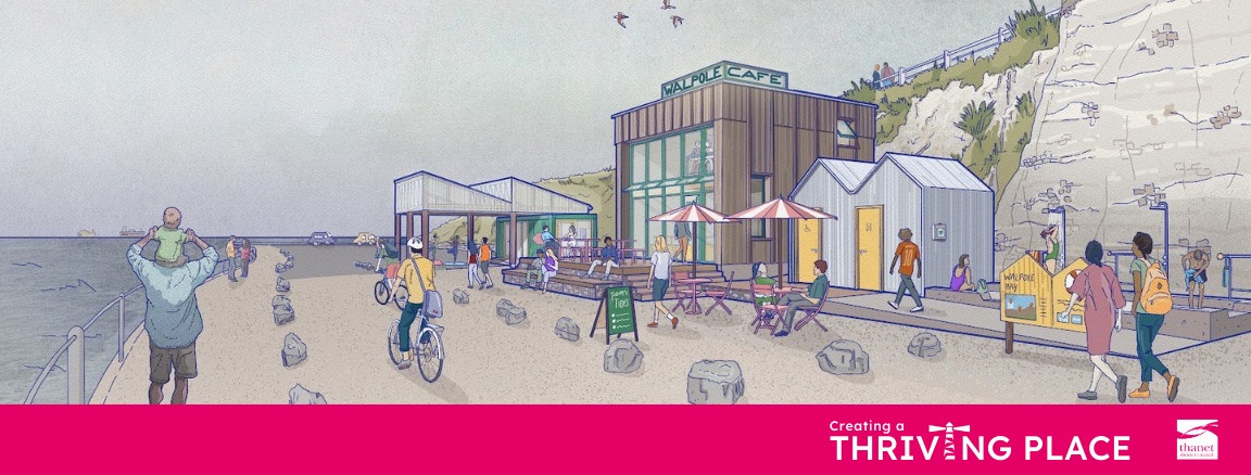 A digital rendering of the new Walpole Bay facilities on a sunny day. The main two-storey wooden café has large windows and outdoor tables. Nearby, people are walking, cycling, and using the new outdoor showers and community shelter.