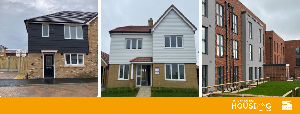Exterior images of House at St Stephens Park, New Haine Road, Manston, New build semi-detached house with paved frontage. A detached house at Westwood Point, New build detached house with small front garden. Flats at Spitfire Green, Ramsgate, View of the three-storey block of flats with grassed area in front. The words delivering the housing we need is written along the bottom next to Thanet District Council's logo