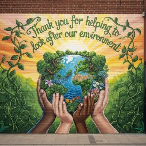 Illustration of a globe being held up by hands with the message Thank you for helping to look after our environment in scrolling writing above it.