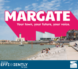 A sunny Margate seafront with people on stone steps, the Turner Contemporary gallery, and bold pink "MARGATE - your town, your future, your voice" campaign text.