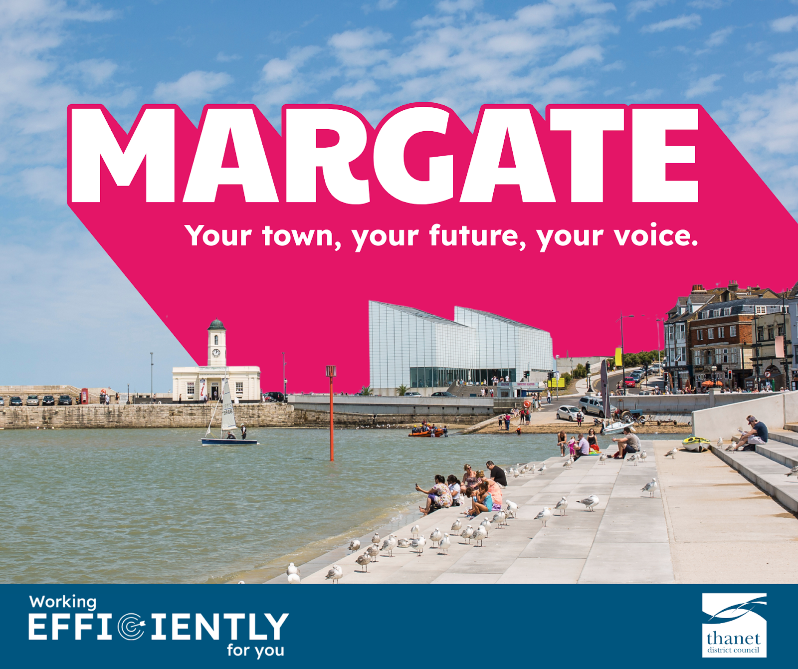 A sunny Margate seafront with people on stone steps, the Turner Contemporary gallery, and bold pink "MARGATE - your town, your future, your voice" campaign text.