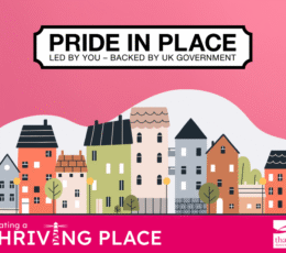 A graphic for Thanet District Council featuring colourful, illustrated houses. Text reads: Pride in Place, Creating a Thriving Place.