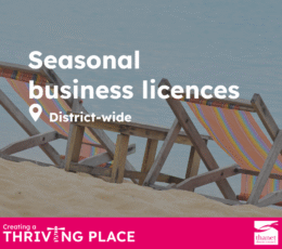 Graphic for Seasonal business licences, District-wide. Behind text, deckchairs face the sea with seagulls flying overhead. Thanet District Council logo.