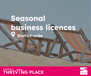 Graphic for Seasonal business licences, District-wide. Behind text, deckchairs face the sea with seagulls flying overhead. Thanet District Council logo.
