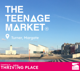 Promotional graphic for The Teenage Market at Turner, Margate, featuring a sunny coastal view of the art gallery.