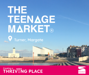 Promotional graphic for The Teenage Market at Turner, Margate, featuring a sunny coastal view of the art gallery.