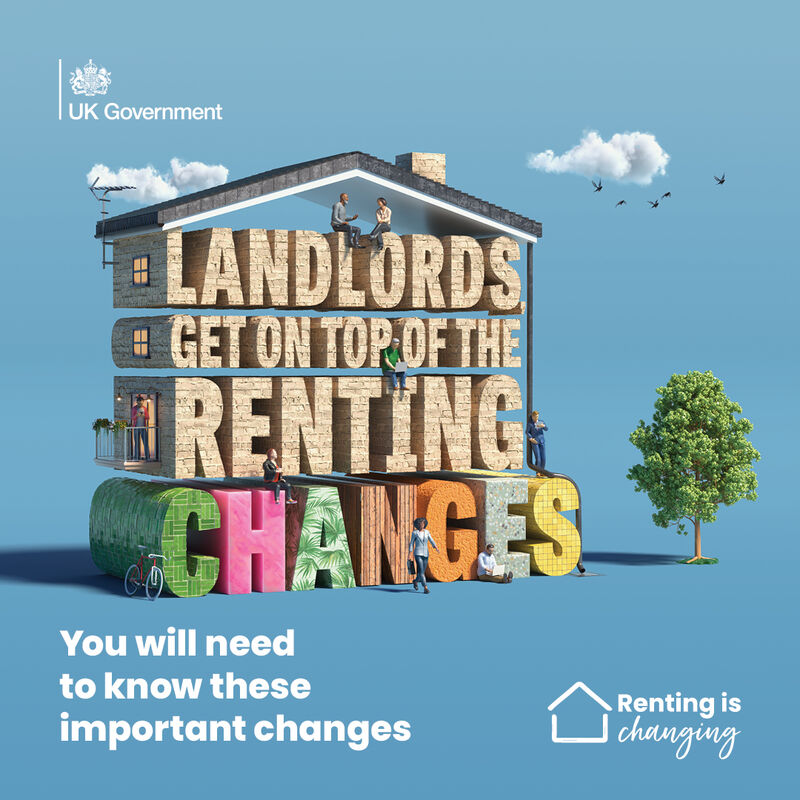 UK Government campaign banner featuring a house made of 3D letters spelling 'Landlords get on top of the renting changes'. Alongside is the text 'Read the guidance at gov.uk/rentingischanging' and the Renting is changing logo.