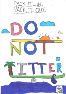 A child's drawing with the handwritten text 'PACK IT IN, PACK IT OUT' at the top. The center features the large words 'DO NOT LITTER' created using colorful, blocky letters that incorporate scenery, such as the 'T' doubling as a sunset over the horizon and the 'L' drawn as a palm tree. In the bottom right corner is a drawing of a bin with the words 'USE ME'.
