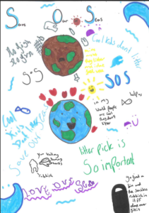 A child's drawing featuring two versions of the Earth: a sad, brown, polluted planet at the top, and a happy, bright blue and green planet surrounded by red hearts at the bottom. The page is filled with handwritten messages like 'Save Our Seas', 'Cool kids dont litter', 'No fish No fun', and 'litter pick is So importent'.