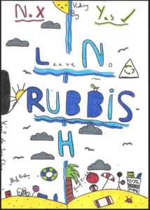 A child's drawing with the large, blue stylized text 'LEAVE NO RUBBISH' stacked vertically down the center, split by a line of blue water. The bottom shows a beach scene with a palm tree, a parasol, a crab, and a stick figure standing next to a bin labelled 'trash'. Additional text includes 'Viking Bay Yes' with a green tick, and 'Keep the Sea Clean'.