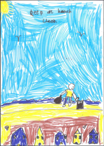 A child's drawing featuring a stick figure on a yellow beach picking up a black rubbish bag and using a bin. The sky above is filled with blue scribbles, a yellow sun, and flying seagulls. Below the beach is a red and brown area with a row of five colorful, stylized houses. Text at the top reads 'Keep ere beach Clean'.