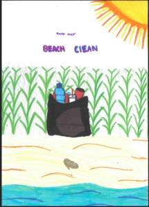 A child's drawing showing a large black bin bag sitting on a sandy beach, filled with discarded plastic bottles and cans. Behind the bag is a row of tall green grass or reeds, and in the top right corner is a large, bright yellow and orange sun. Text in the center reads 'Keep our BEACH ClEAN'.