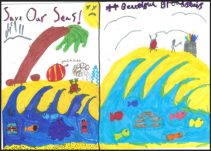 A child's drawing split into two halves comparing a dirty and clean beach. The left side shows a polluted, yellow beach with brown sludge pouring from a pipe, a sad sun, and rubbish in the water, with the text 'Save Our Seas!'. The right side shows a clean beach with clear blue water, colorful fish, and a stick figure putting rubbish in a bin, with the text '#Beutiful Broadstairs'.
