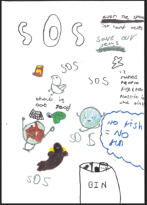 A child's drawing covered in the letters 'SOS' and the phrase 'save our seas'. It features various small illustrations, including a sad, polluted brown Earth, a happy clean Earth, a bird, a turtle with a plastic ring stuck around its neck, and a rubbish bin. Handwritten text includes 'No fish = NO fun' and 'even the small ist hand helps'.