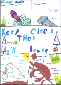A child's comic-strip style poster showing marine life affected by pollution. The panels feature a fish caught in a green net, a sad seal, a seagull with a plastic bag in its beak, and a red crab surrounded by a fast-food box and a plastic ASDA shopping bag. Text on the poster includes '#butiful beaches' and 'Keep Clean Then We'll leave'.
