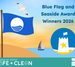 An illustration of a beach at sunset with the text "Blue Flag and Seaside Award Winners 2026".