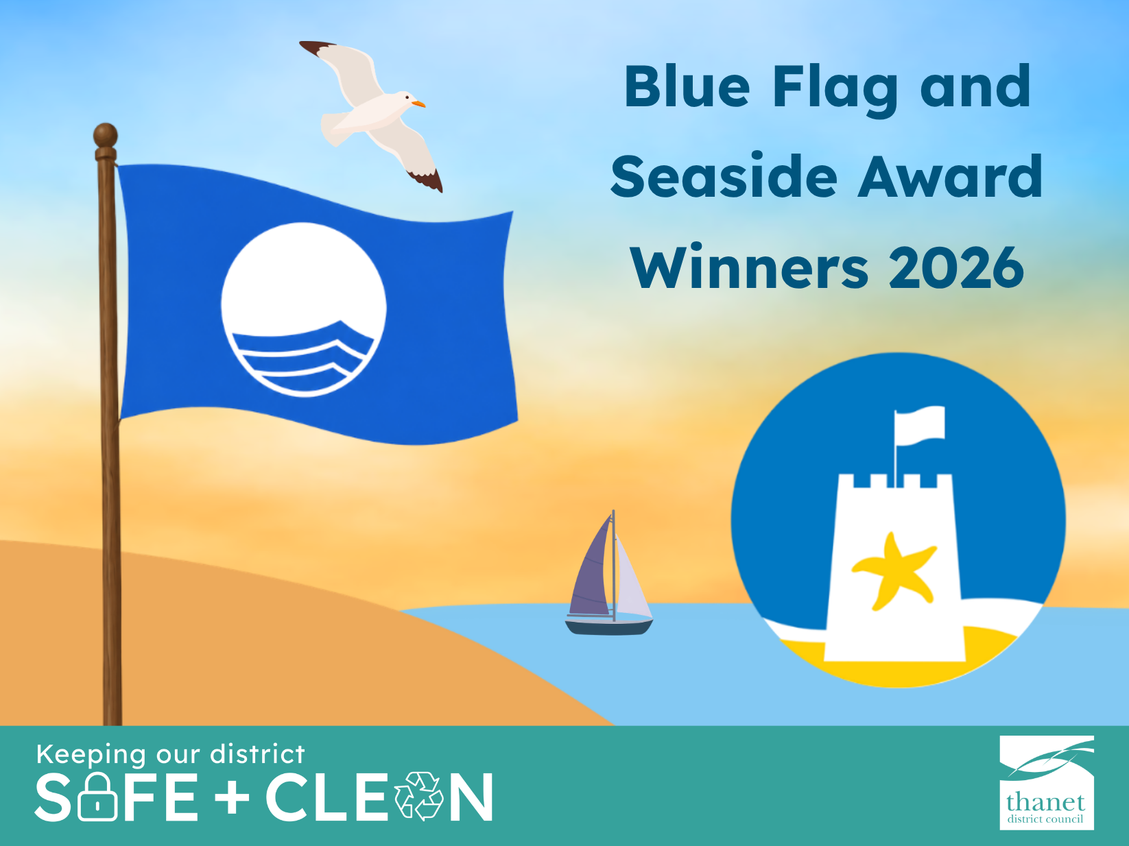 An illustration of a beach at sunset with the text "Blue Flag and Seaside Award Winners 2026".