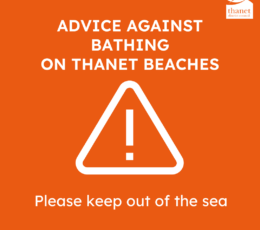 An official warning graphic on an orange background, featuring a white exclamation mark triangle. Text reads: ADVICE AGAINST BATHING ON THANET BEACHES. Please keep out of the sea