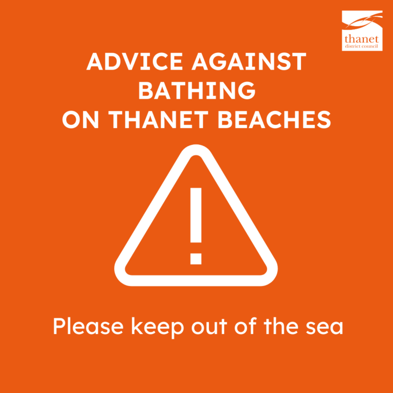An official warning graphic on an orange background, featuring a white exclamation mark triangle. Text reads: ADVICE AGAINST BATHING ON THANET BEACHES. Please keep out of the sea