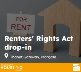 A wooden cutout of a house next to a "FOR RENT" sign, promoting a Renters' Rights Act drop-in event.