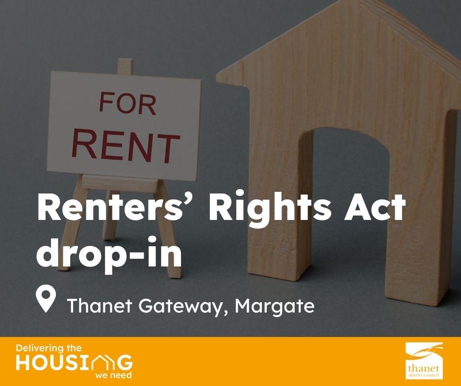 A wooden cutout of a house next to a "FOR RENT" sign, promoting a Renters' Rights Act drop-in event.