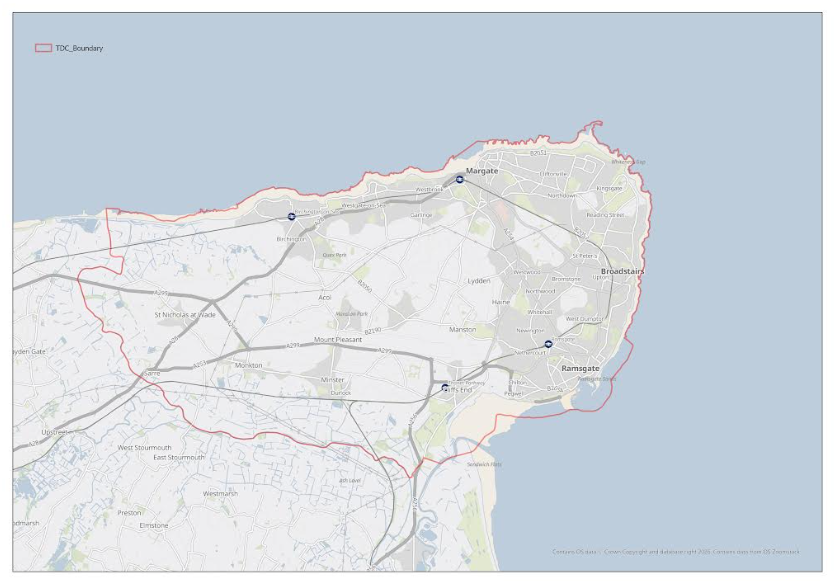 A geographic map showing the Isle of Thanet area, with the Thanet District Council (TDC) boundary highlighted by a solid red outline. The map displays coastal towns including Margate, Broadstairs, and Ramsgate, alongside inland villages like Birchington, Manston, and Minster. Major roads, local streets, and transport routes across the district are also visible.